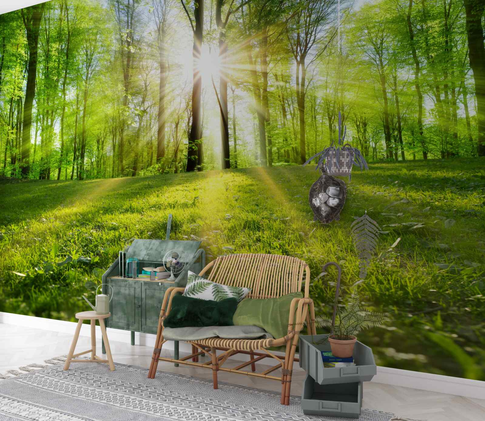Papier peint le soleil se lève dans les fourrés verts de la forêt