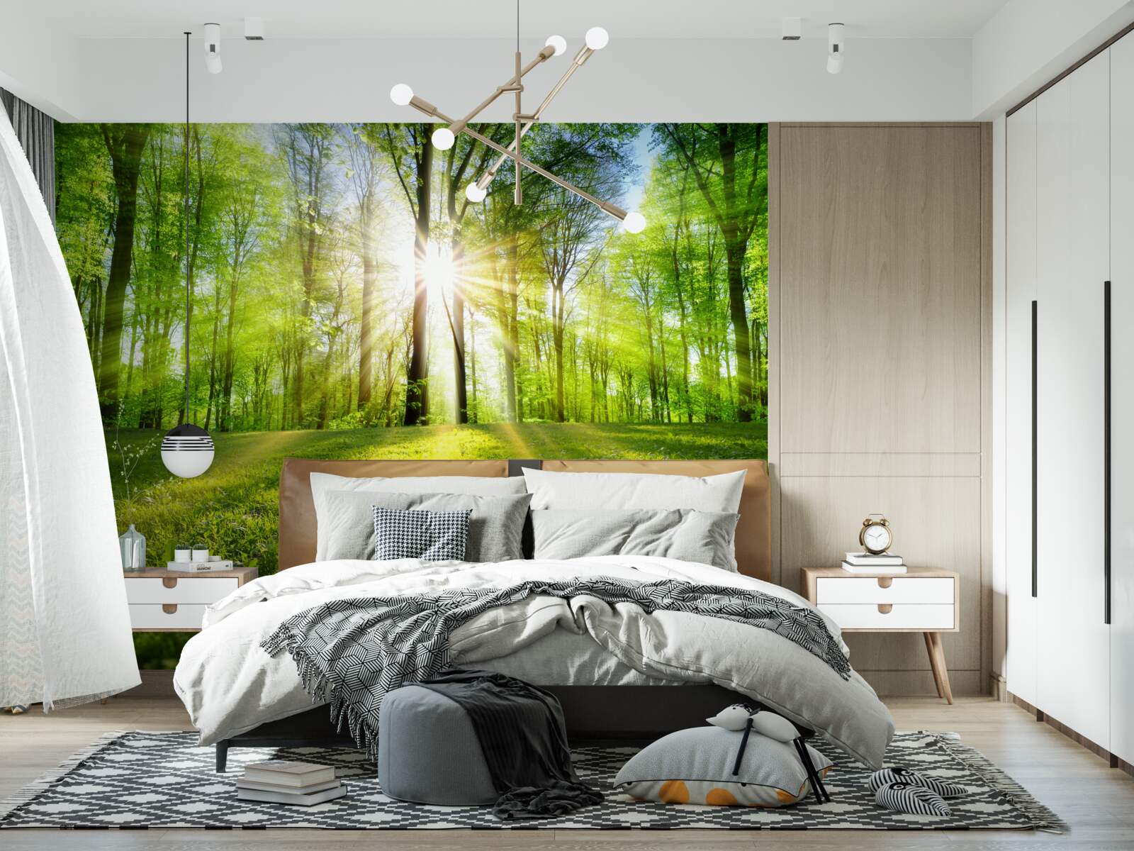 Papier peint le soleil se lève dans les fourrés verts de la forêt
