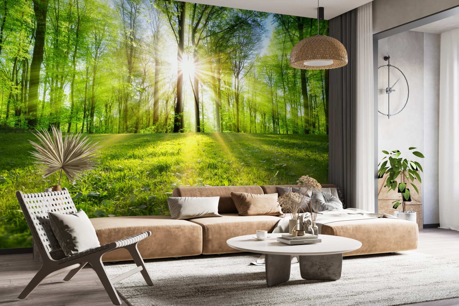 Papier peint le soleil se lève dans les fourrés verts de la forêt