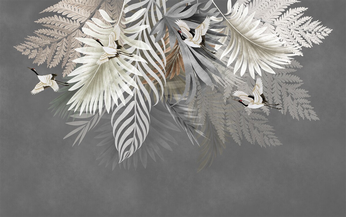 Papier peint de grandes feuilles et des créatures à plumes