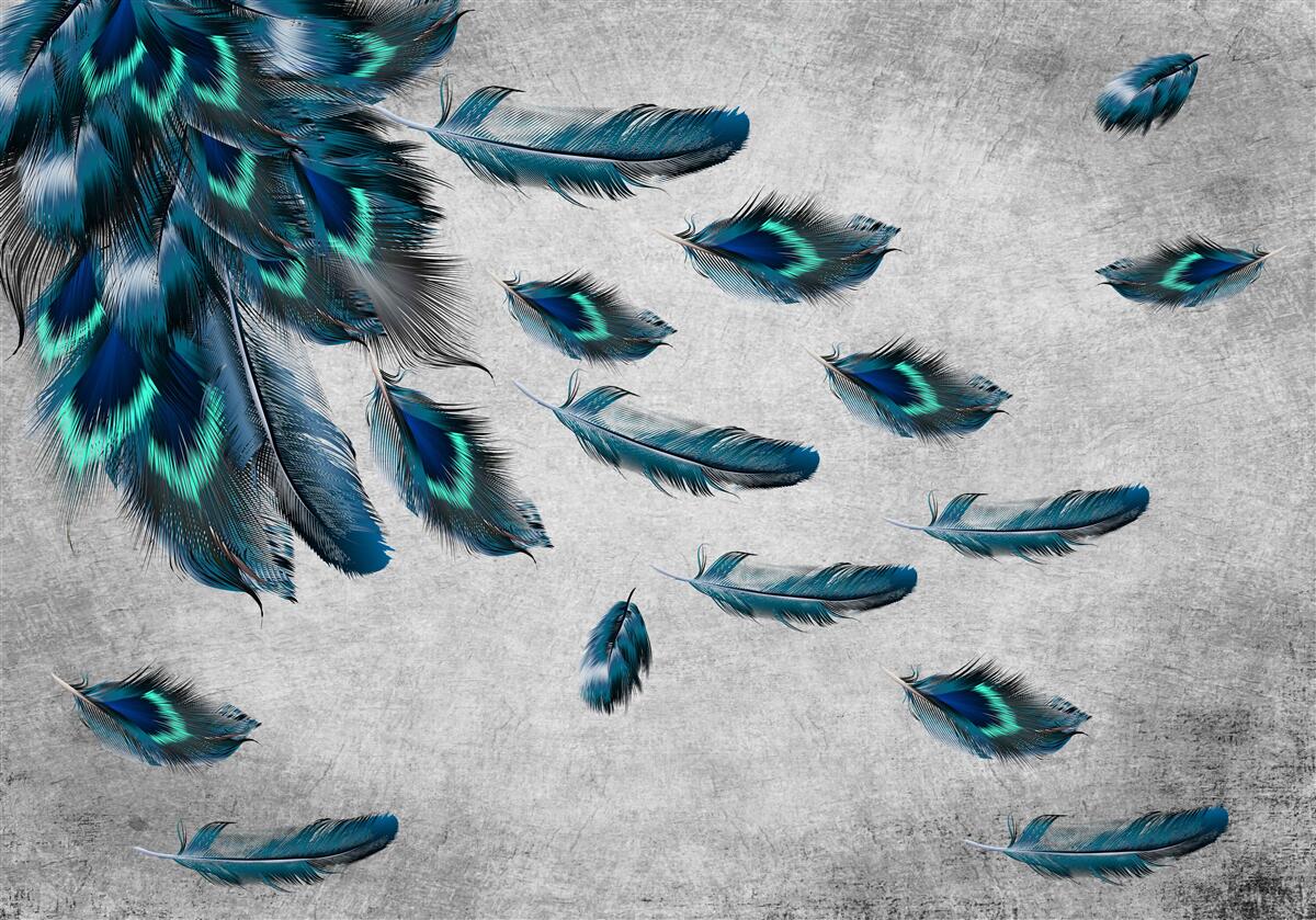 Papier peint plumes de paon qui s'envolent