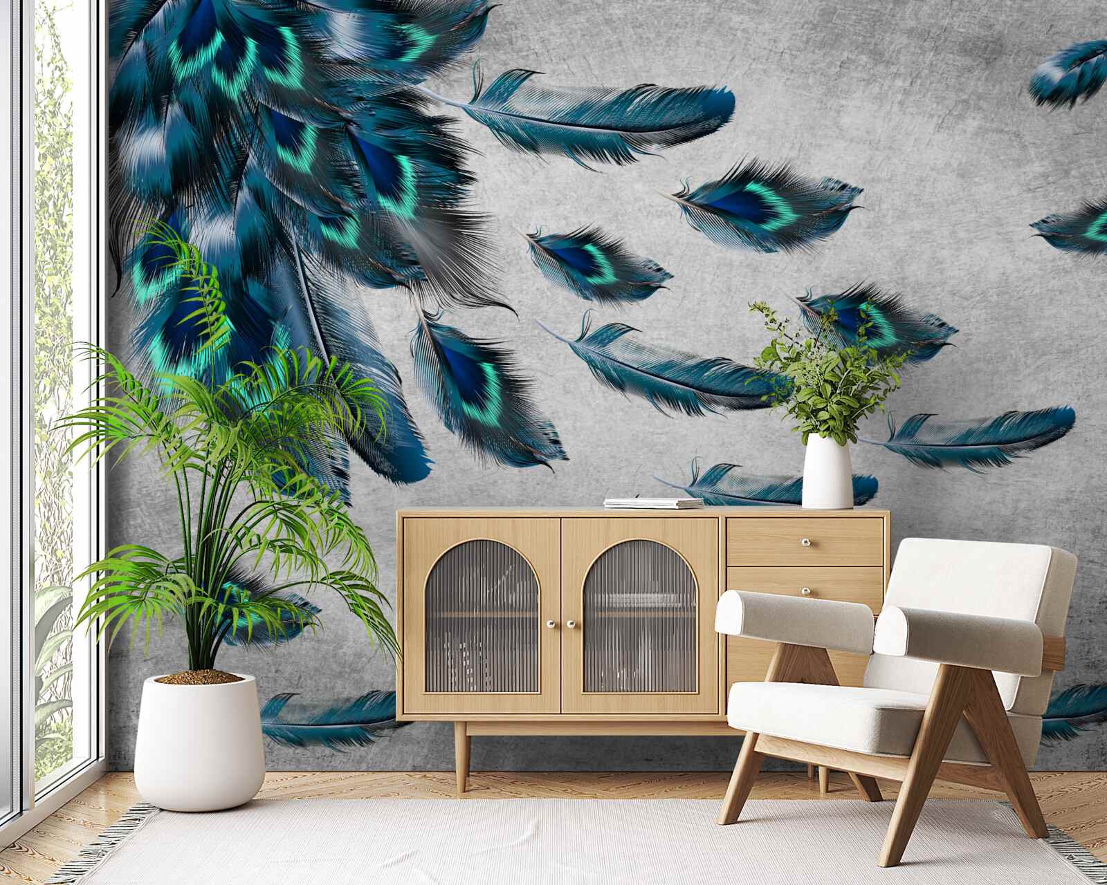Papier peint plumes de paon qui s'envolent