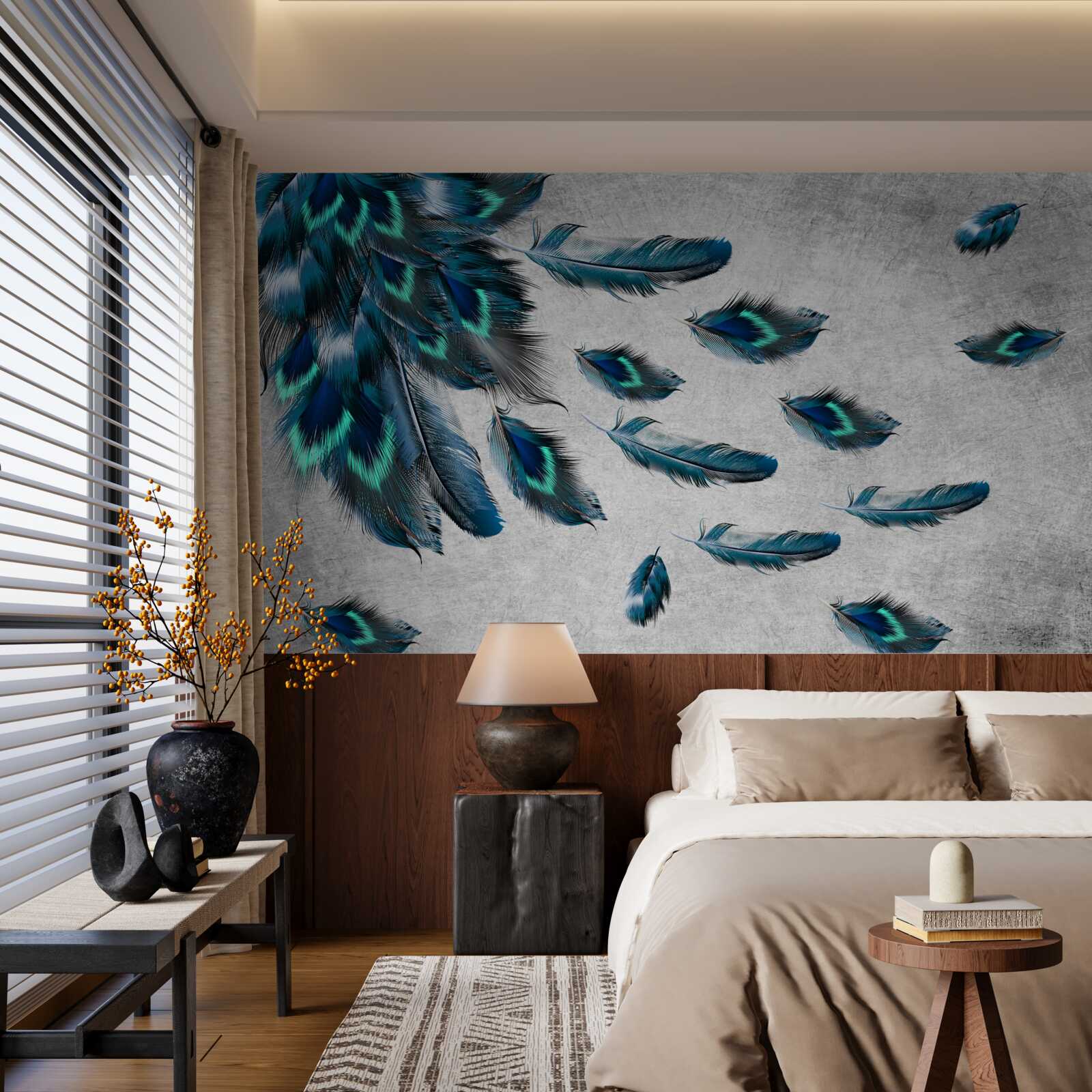 Papier peint plumes de paon qui s'envolent