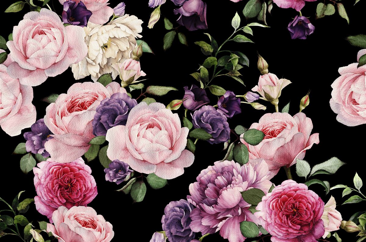 Papier peint grandes roses sur fond noir