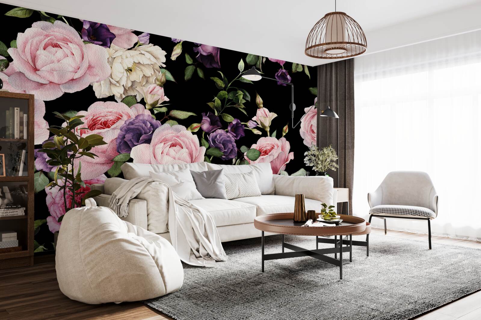 Papier peint grandes roses sur fond noir