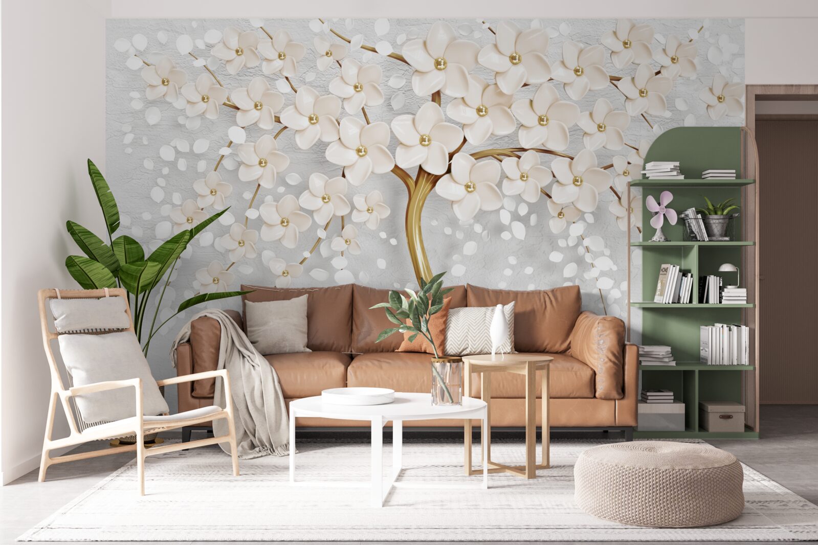 Papier peint un arbre aux teintes dorées avec de charmantes fleurs miniatures