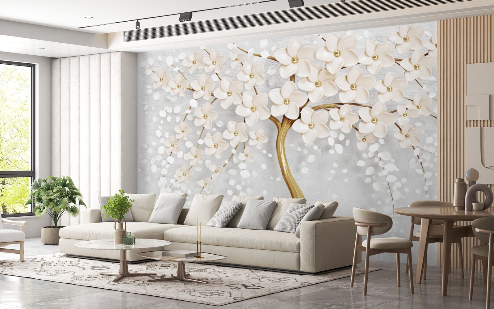 Papier peint un arbre aux teintes dorées avec de charmantes fleurs miniatures