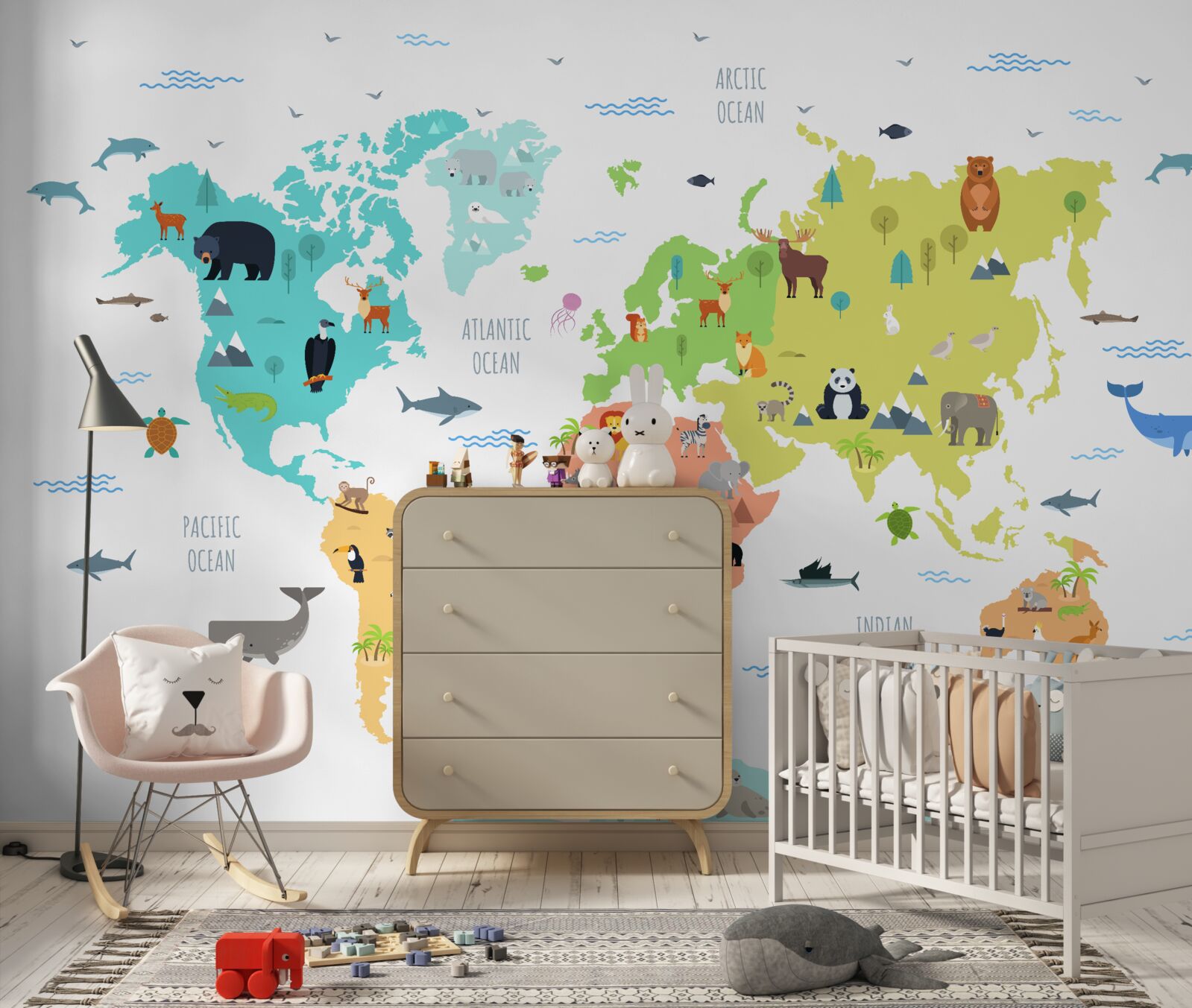 Papier peint carte du monde multicolore avec des représentants de la faune