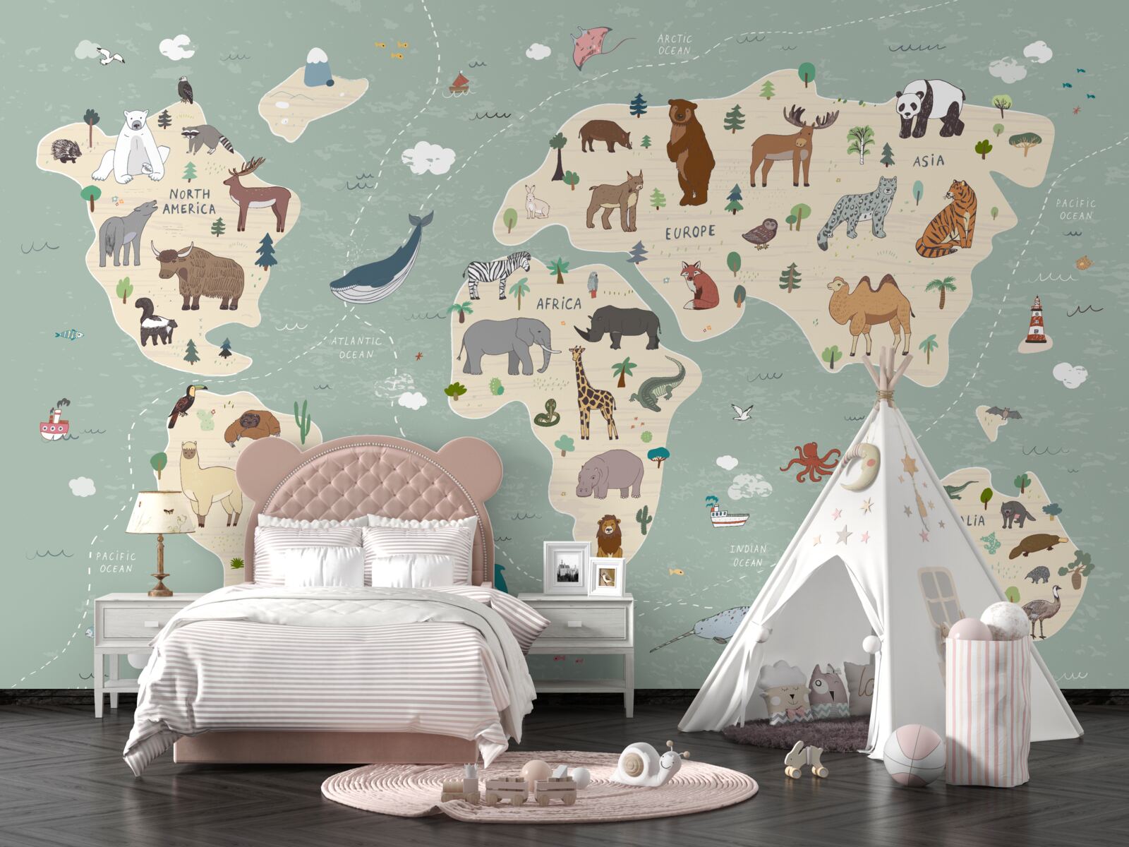 Papier peint la carte du monde montre une multitude d'animaux différents