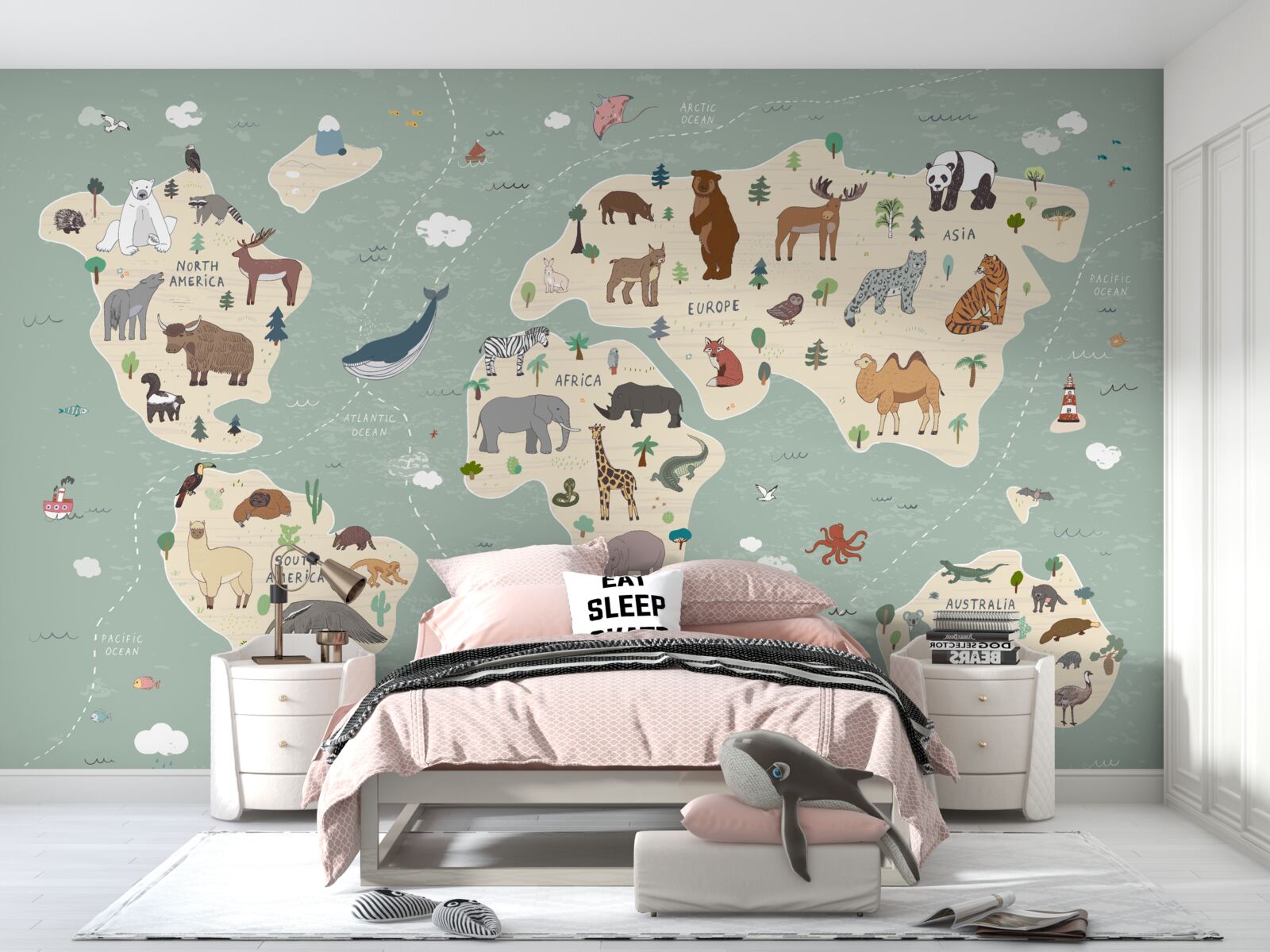 Papier peint la carte du monde montre une multitude d'animaux différents