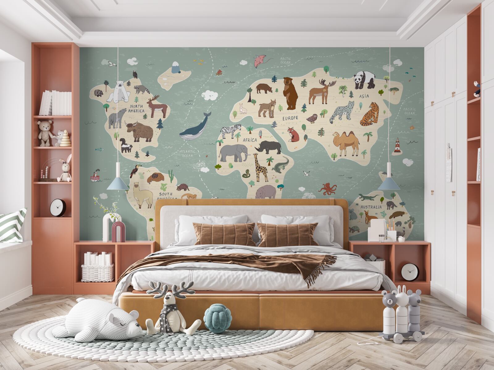 Papier peint la carte du monde montre une multitude d'animaux différents