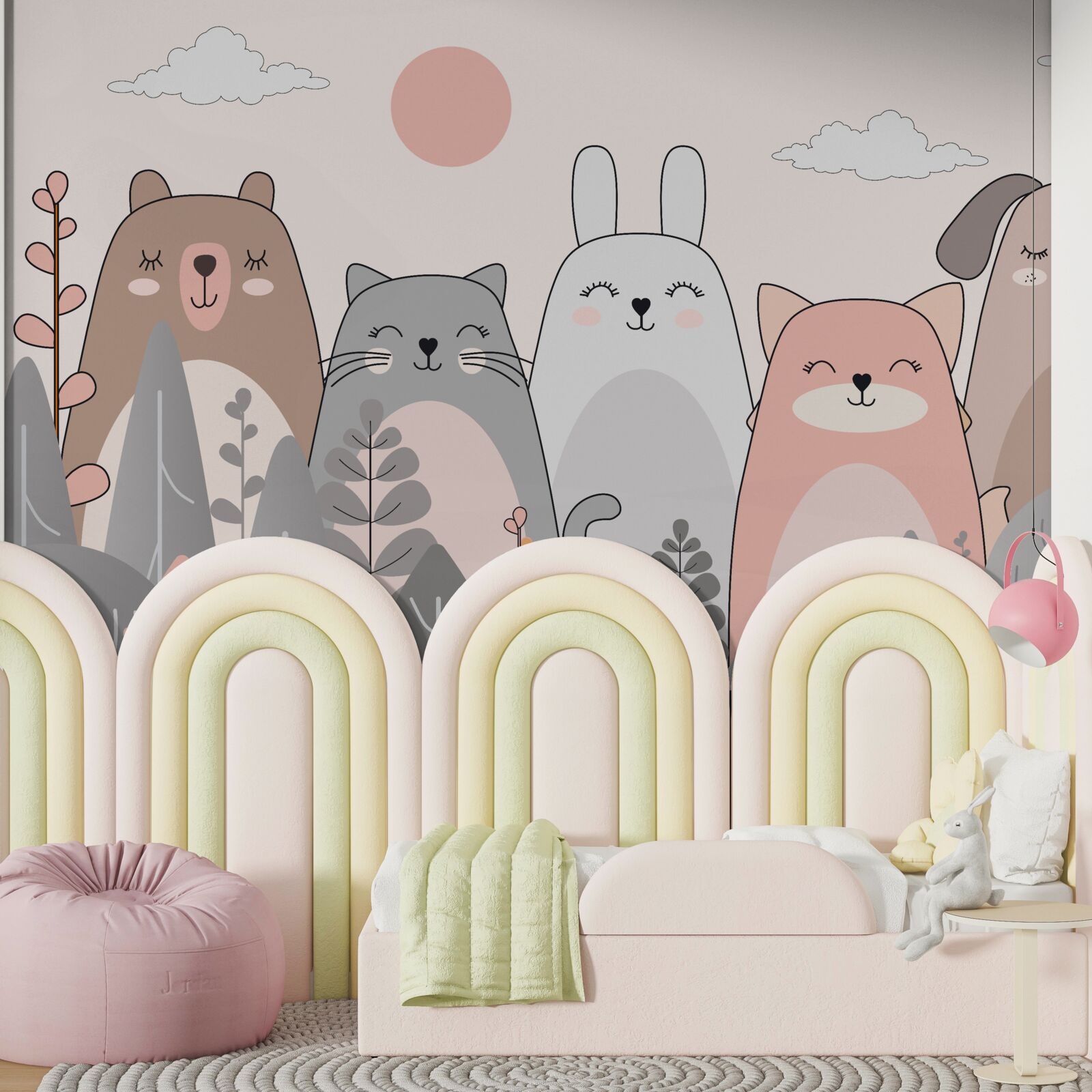 Papier peint cinq animaux charmants et divers