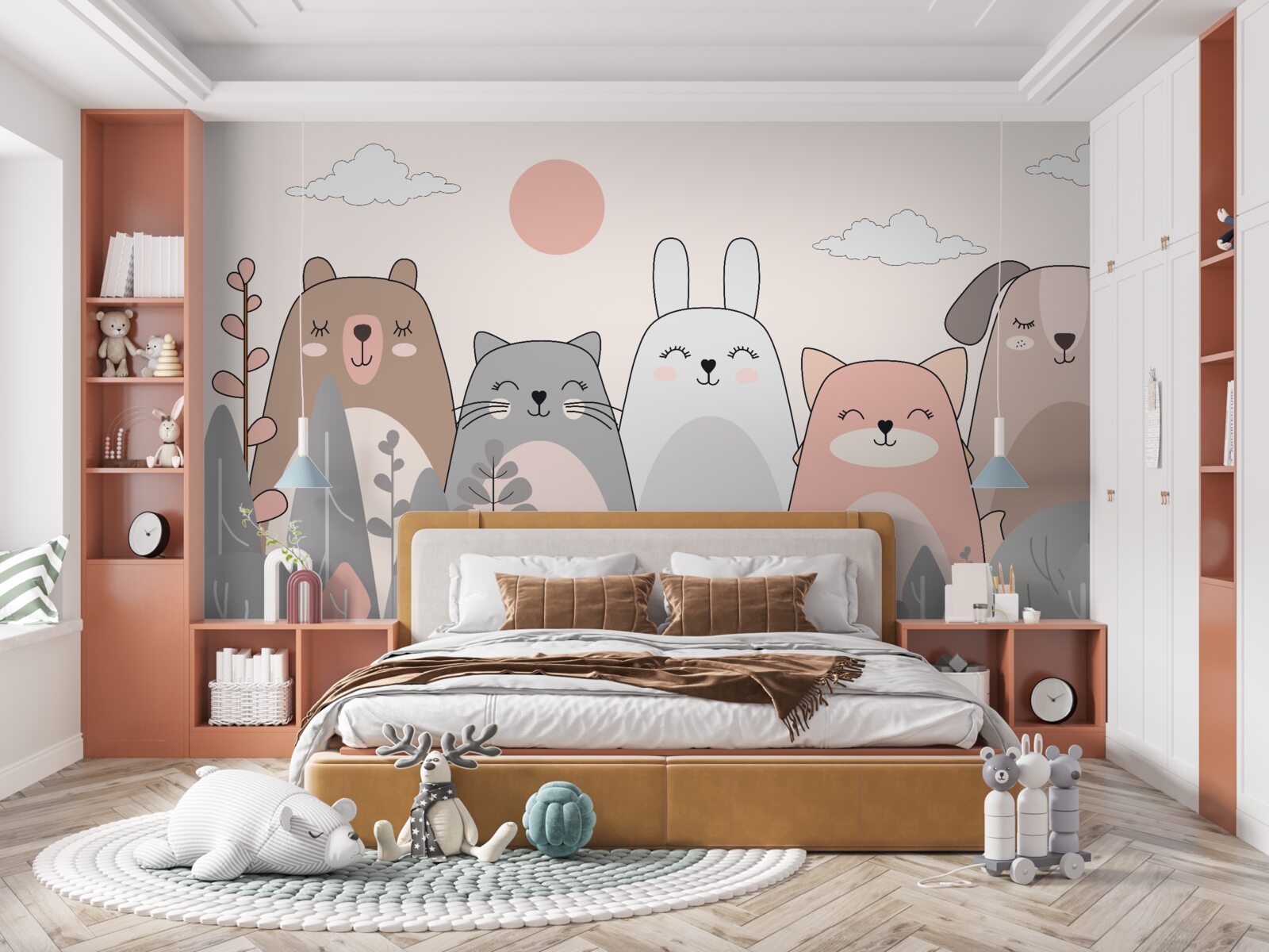 Papier peint cinq animaux charmants et divers