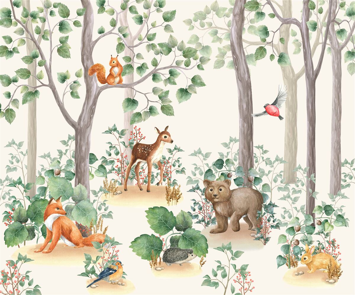 Papier peint animaux et oiseaux dans une forêt de conte de fées