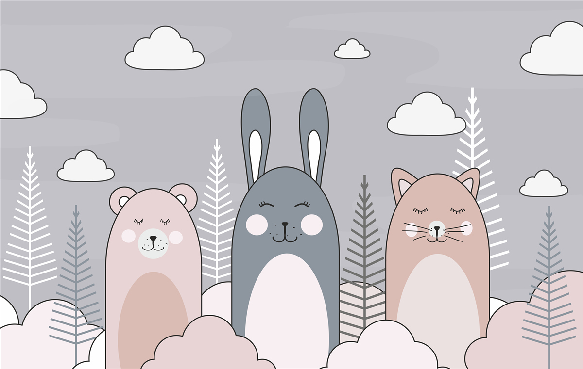 Papier peint un chaton, un ours et un lièvre entourés d'accouplements