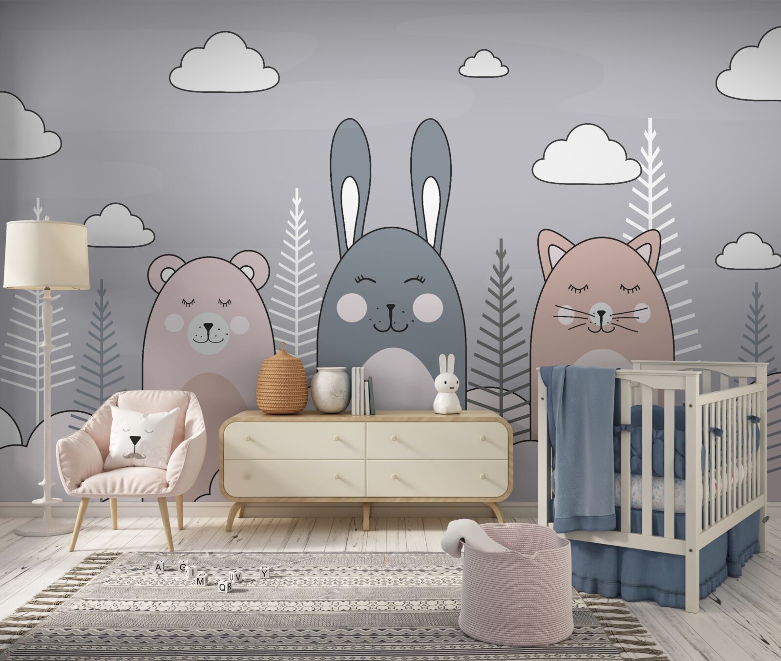 Papier peint un chaton, un ours et un lièvre entourés d'accouplements