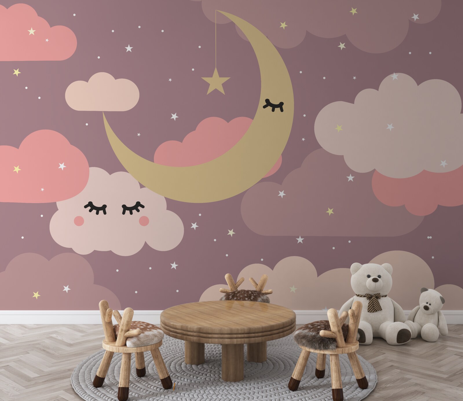 Papier peint la lune et un petit nuage avec des yeux