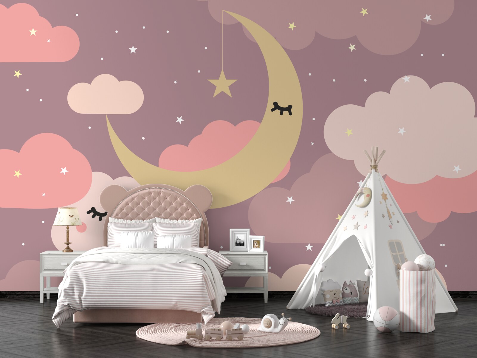 Papier peint la lune et un petit nuage avec des yeux
