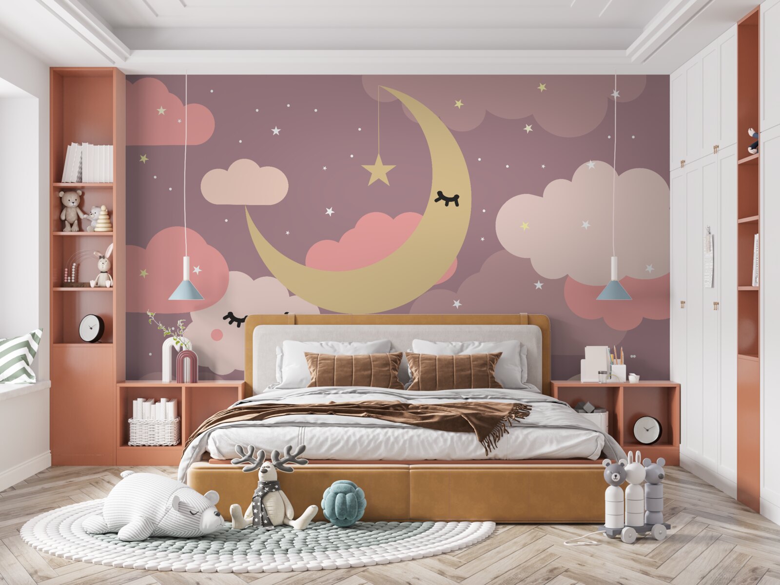 Papier peint la lune et un petit nuage avec des yeux