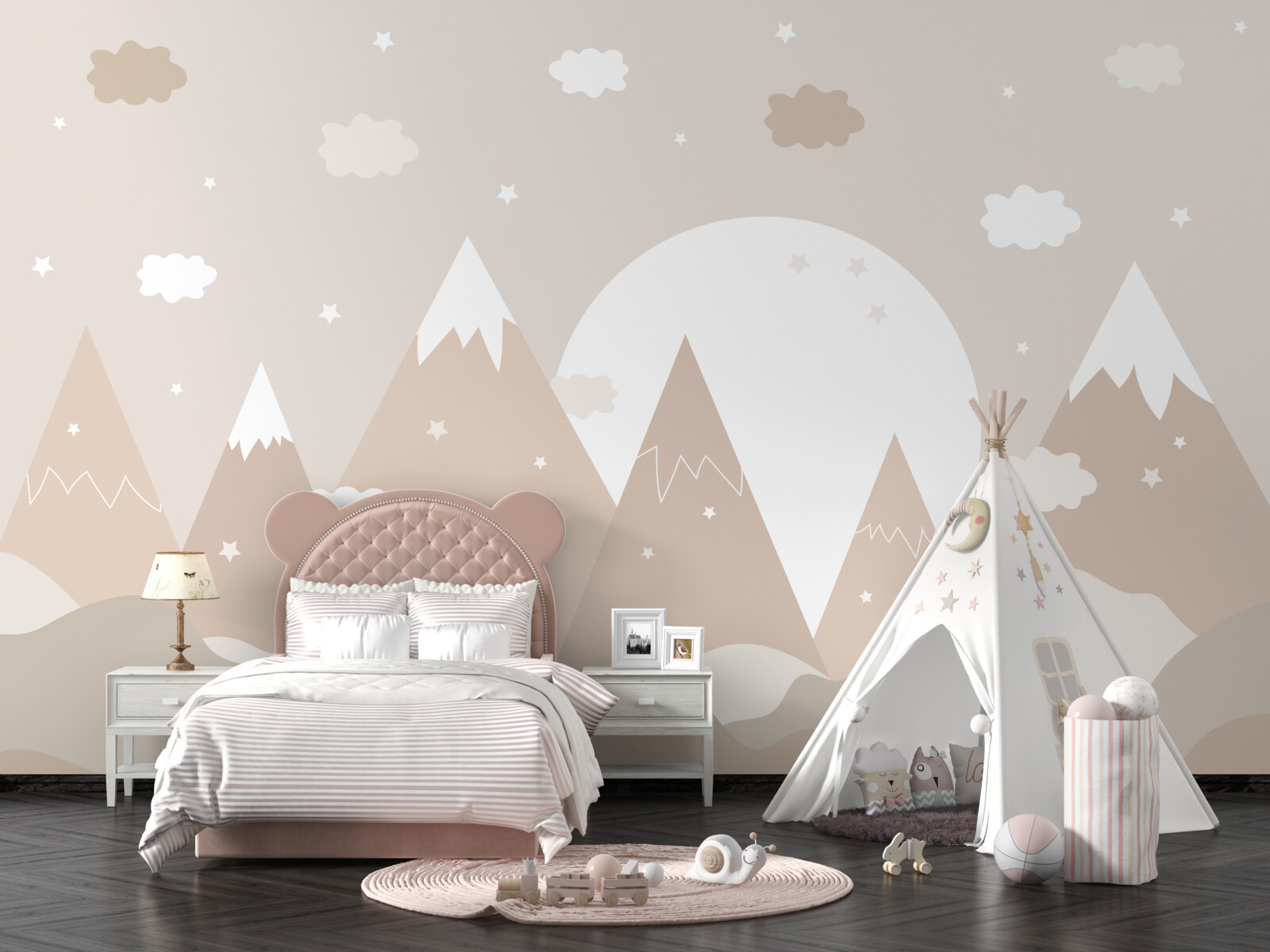 Papier peint sommets représentés sur la toile et pleine lune brillante