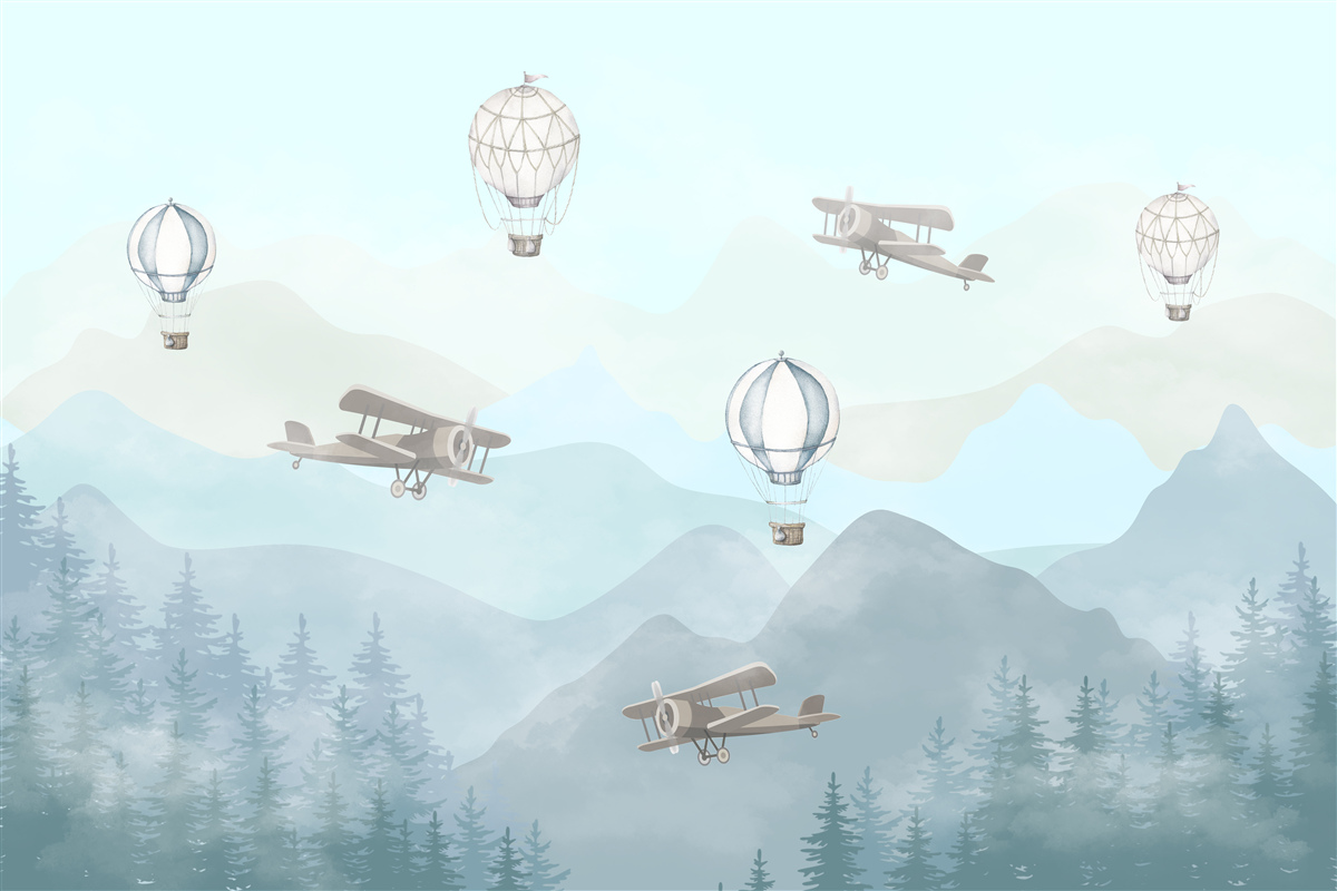 Papier peint pics montagneux, ballons et avions dans le ciel
