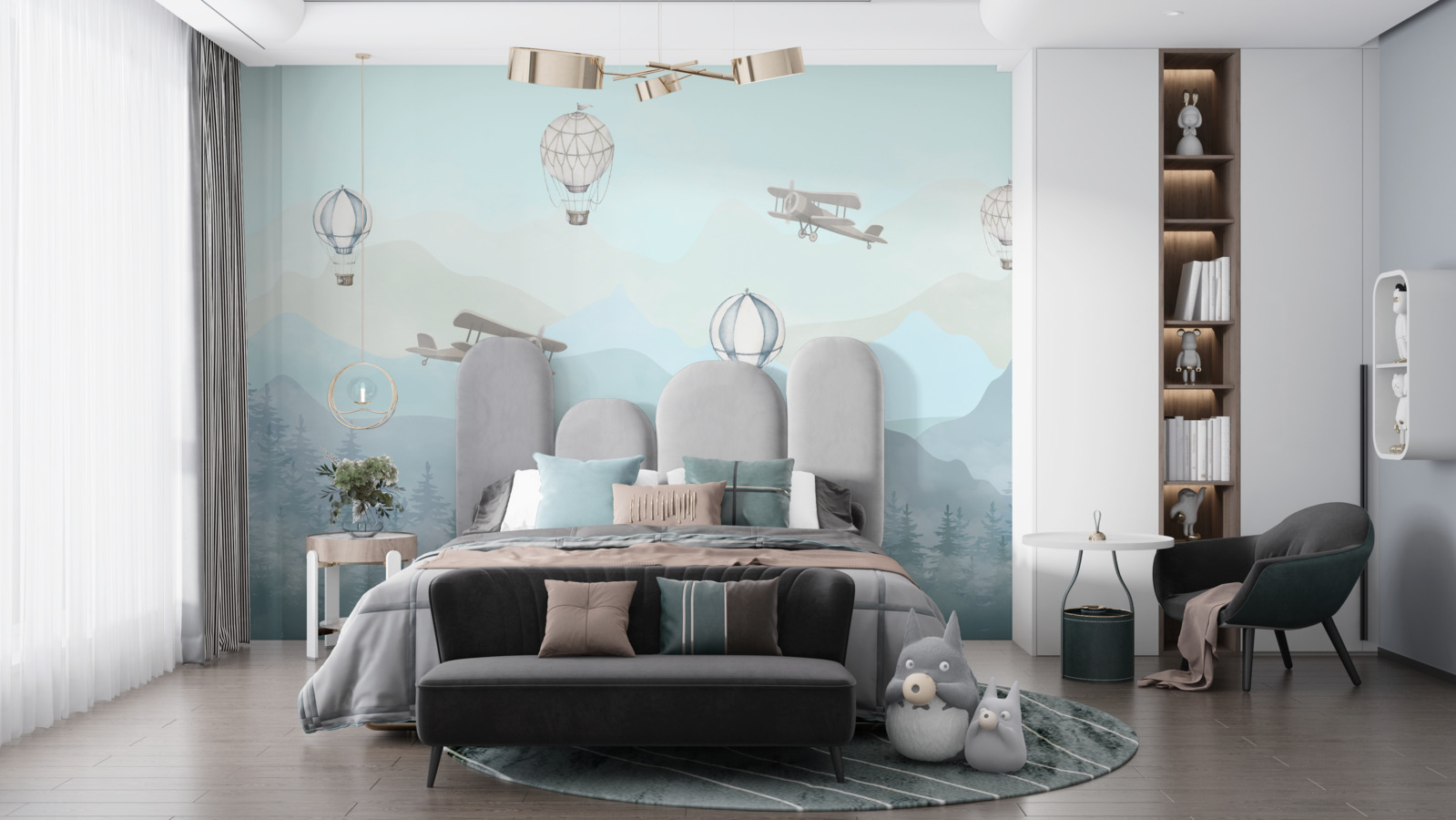 Papier peint pics montagneux, ballons et avions dans le ciel