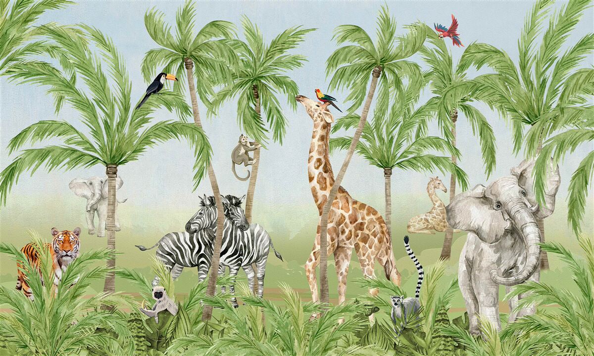 Papier peint les créatures se promènent dans la jungle tropicale