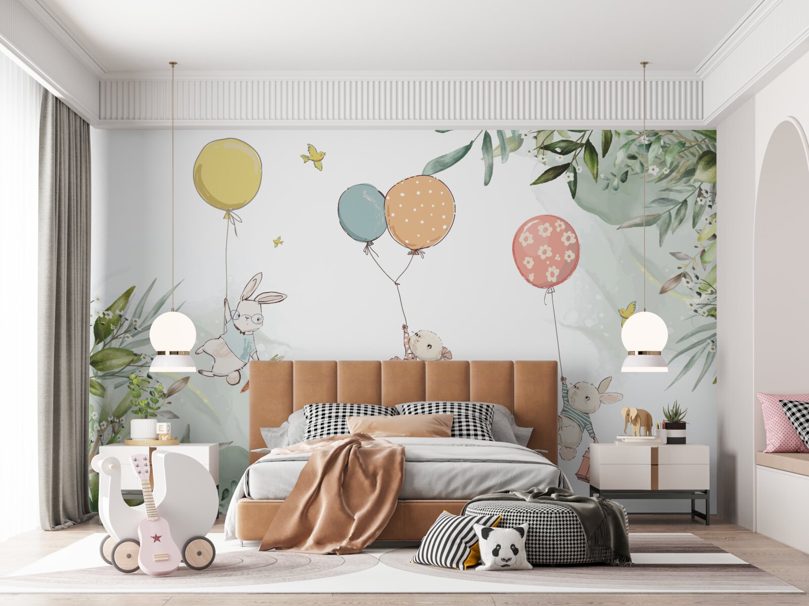 Papier peint lapins flottant sur des ballons