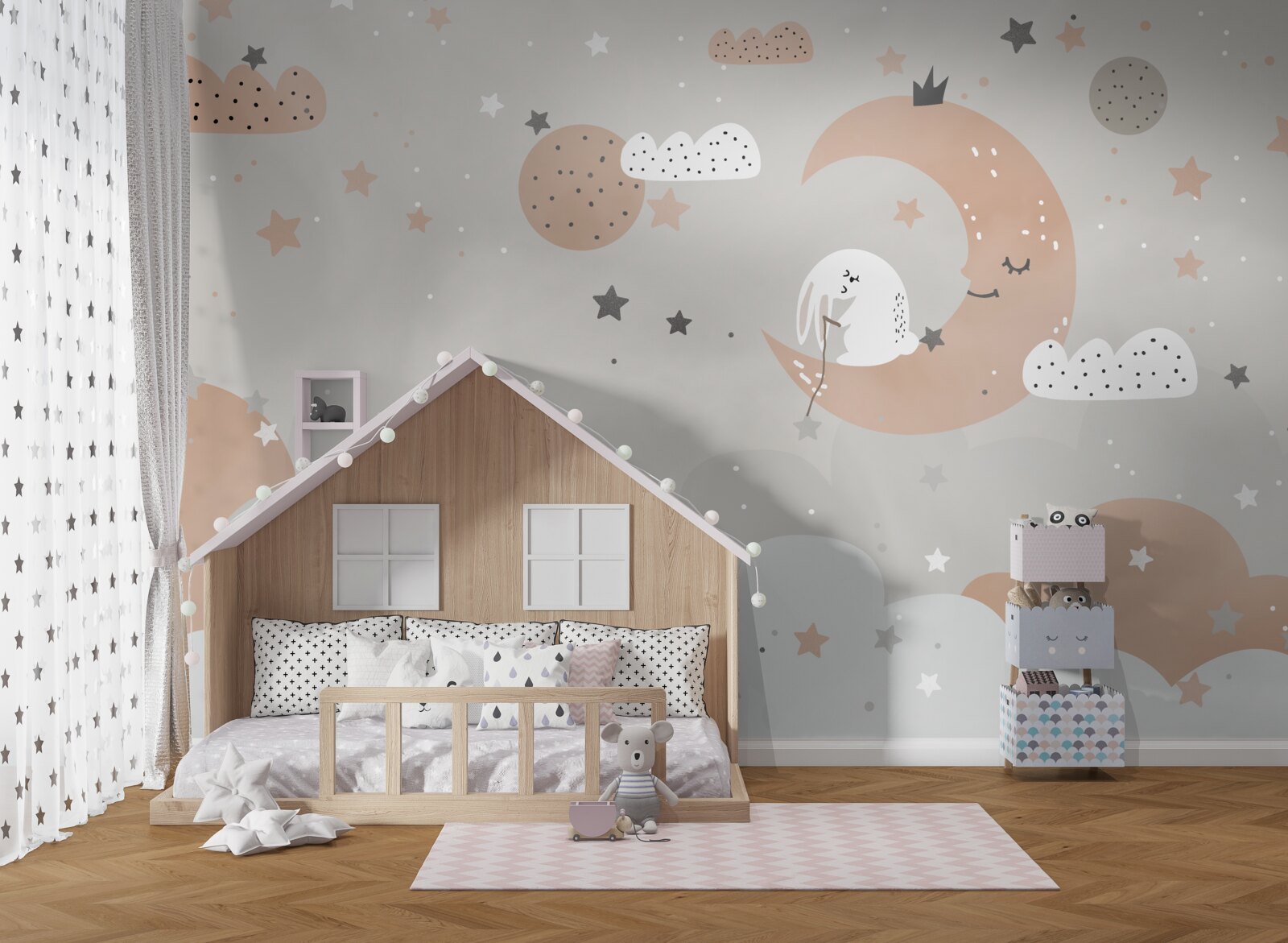 Papier peint le lapin blanc lunaire collectionne les étoiles