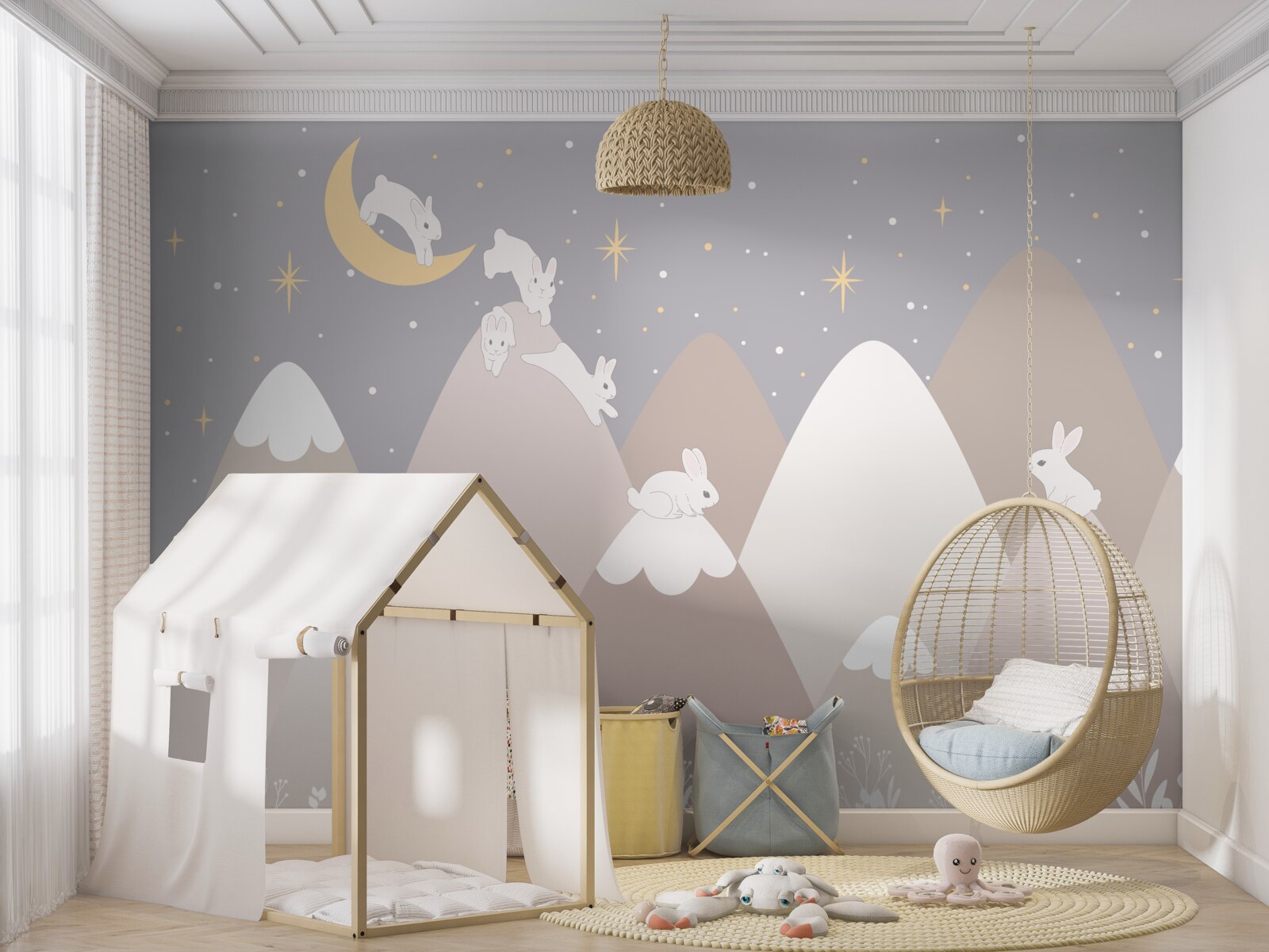 Papier peint les montagnes peintes sont le terrain de jeu de lapins blancs bondissants