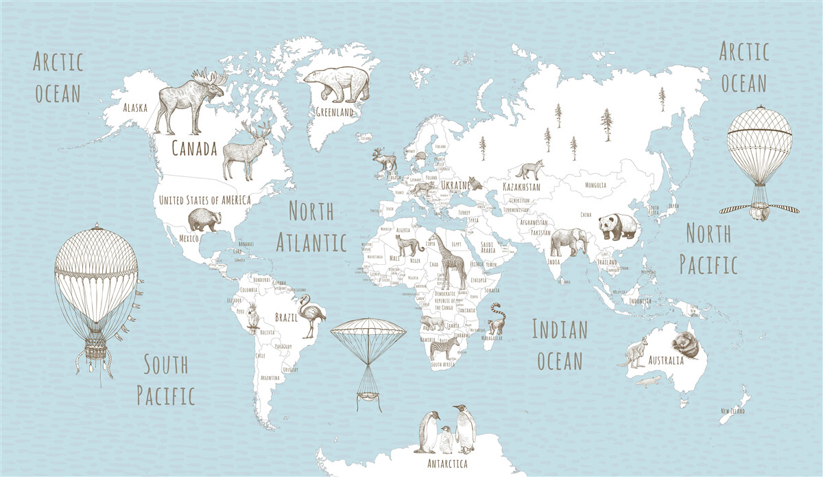 Papier peint globe terrestre représentant des animaux et des objets volants