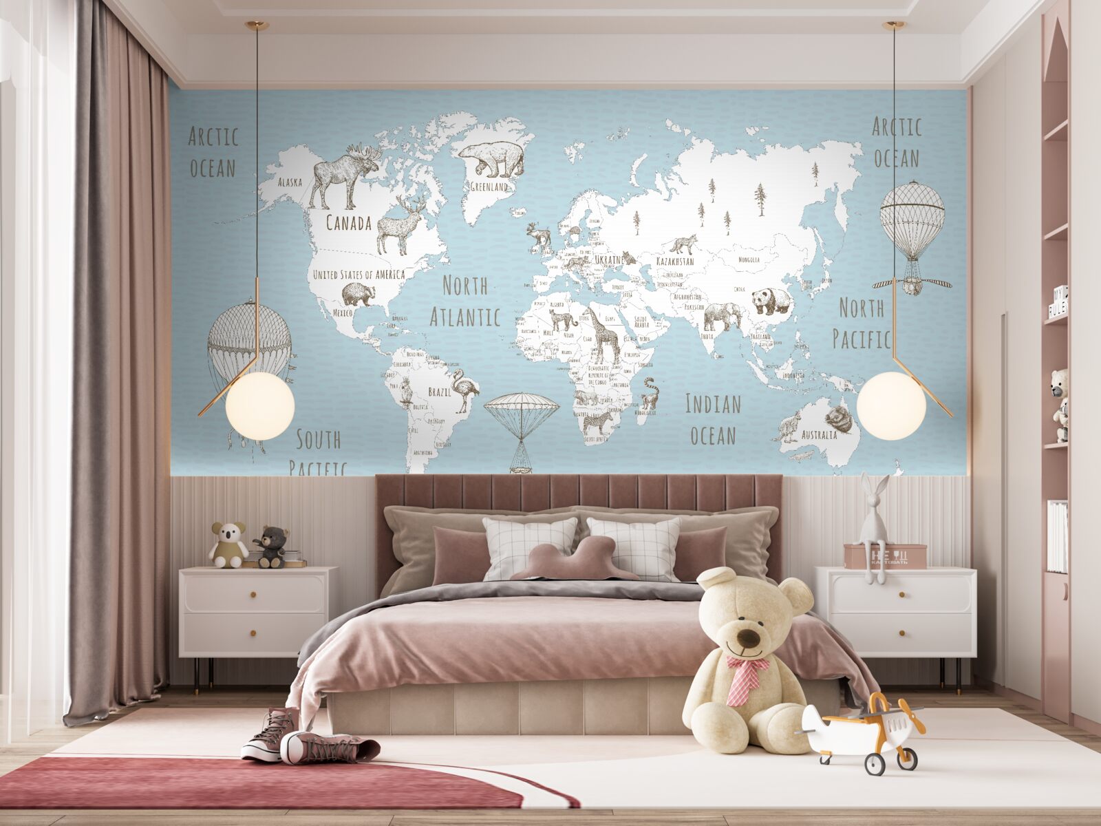 Papier peint globe terrestre représentant des animaux et des objets volants