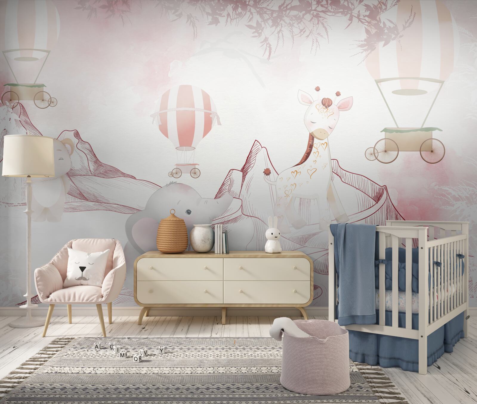 Papier peint animaux rose vif et balles volantes
