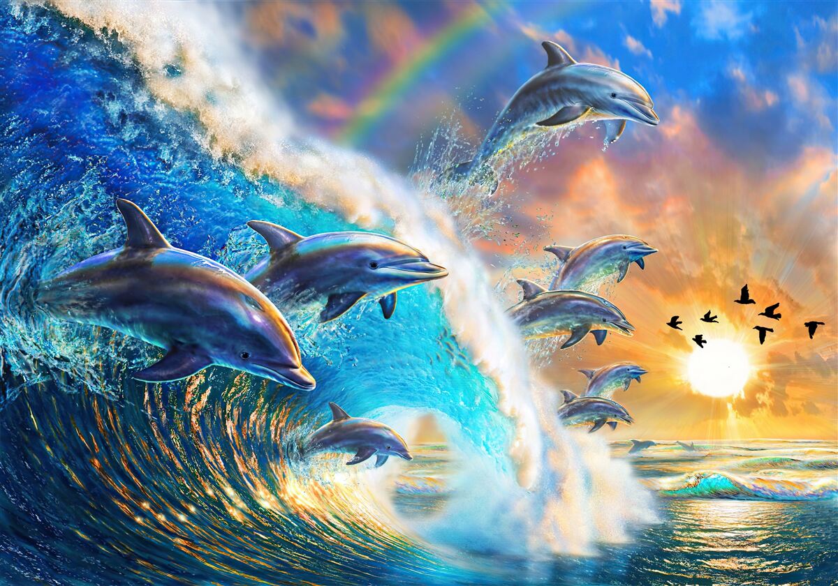 Papier peint au coucher du soleil, les dauphins sortent de l'eau