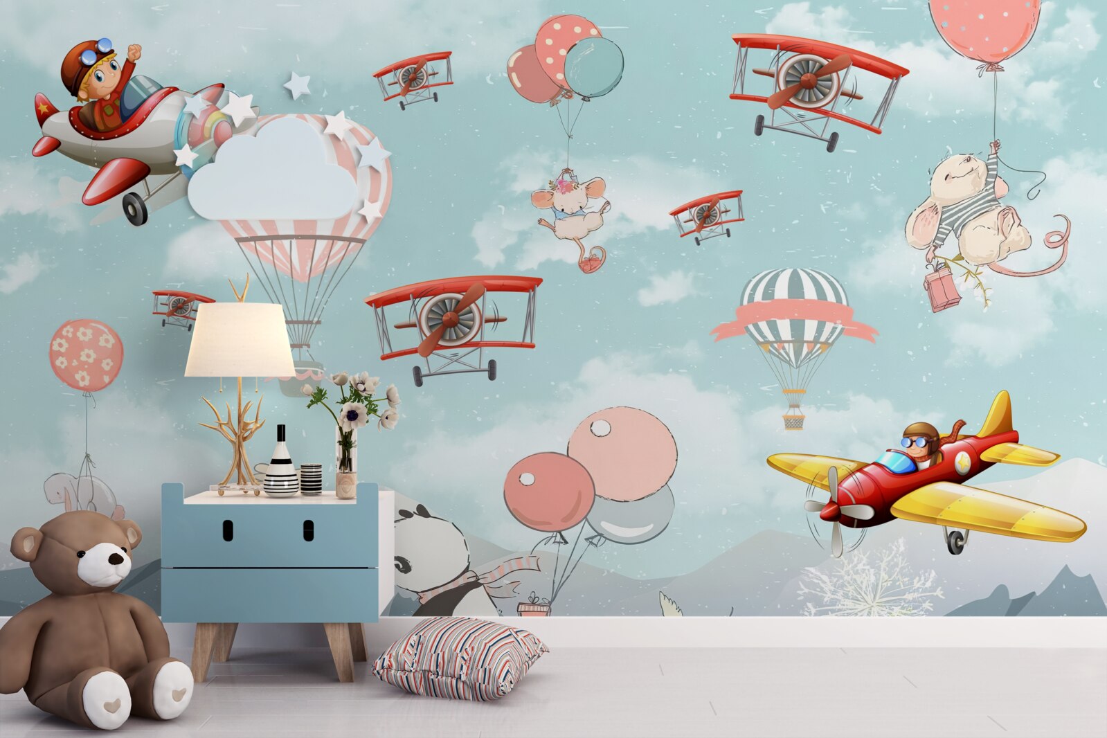 Papier peint Le panda bicyclette et d'autres animaux volent autour