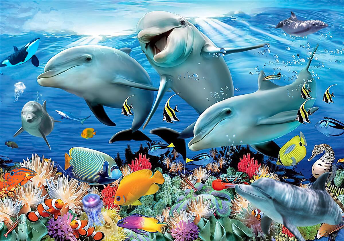 Papier peint les dauphins et les poissons sourient sous l'eau