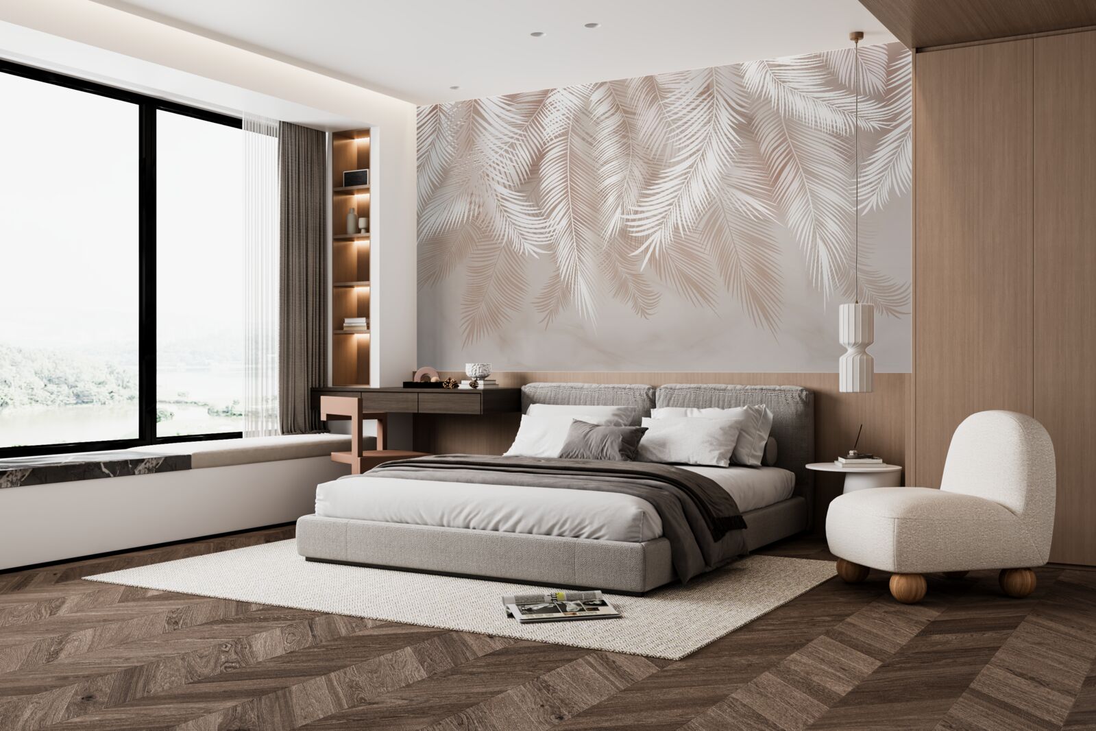 Papier peint branches de palmier en beige