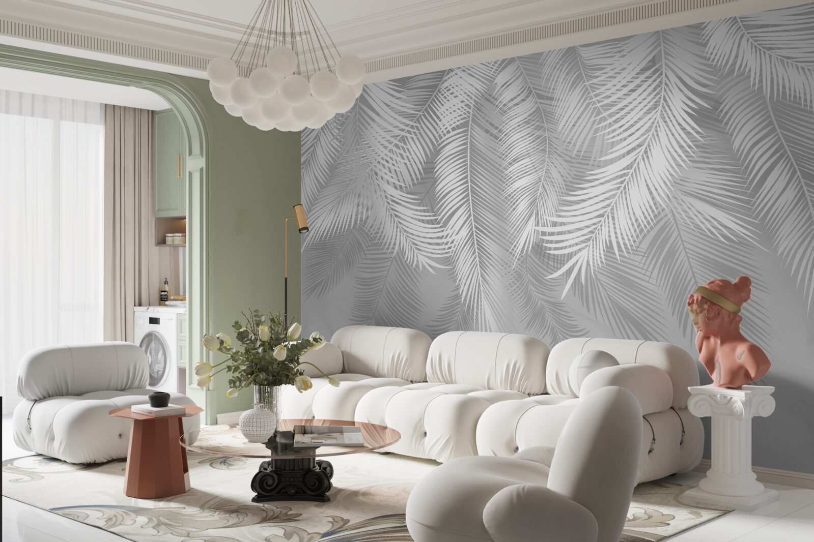 Papier peint plumes blanches pendantes
