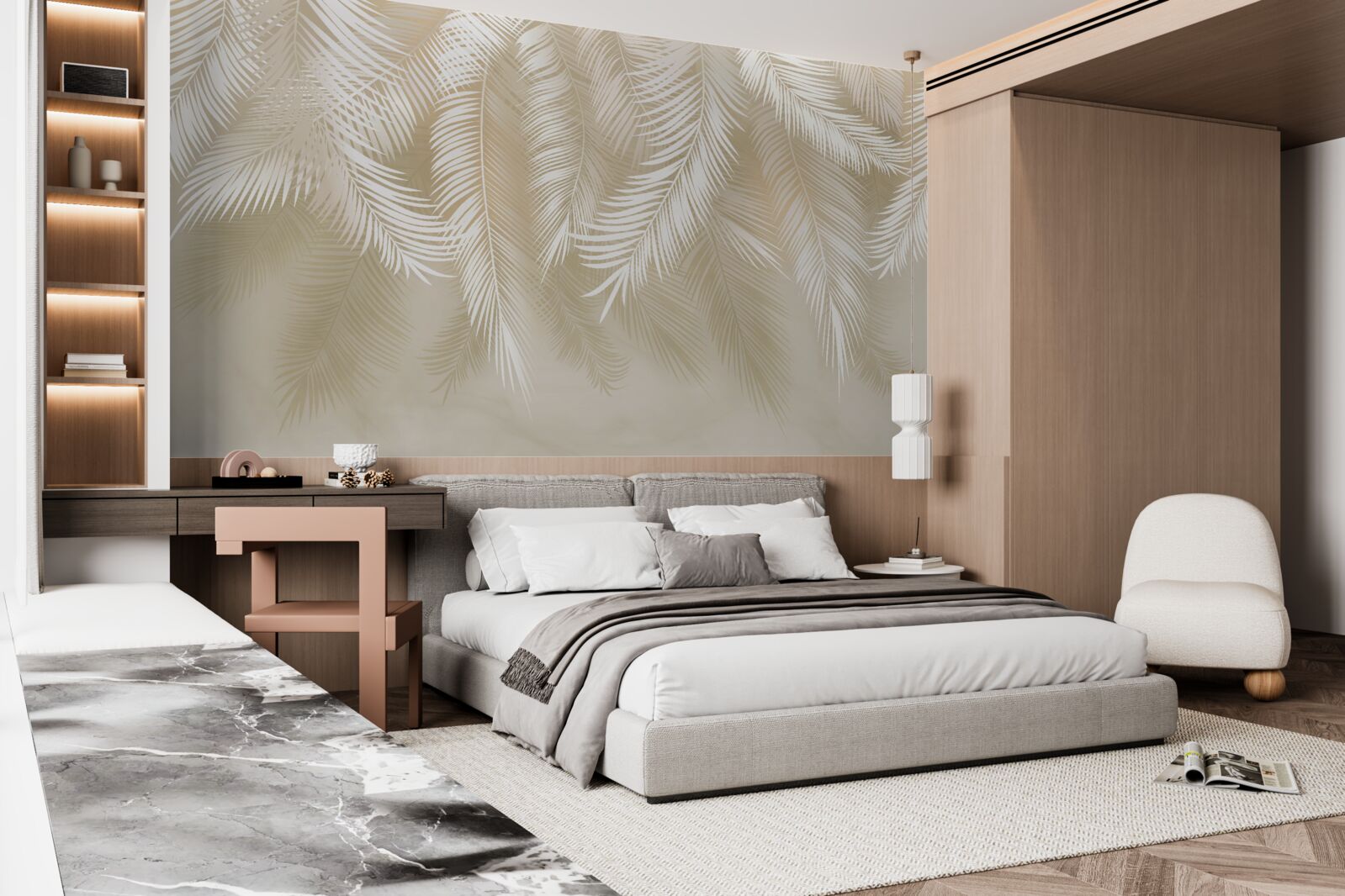 Papier peint les feuilles de palmier sont blanches sur fond beige