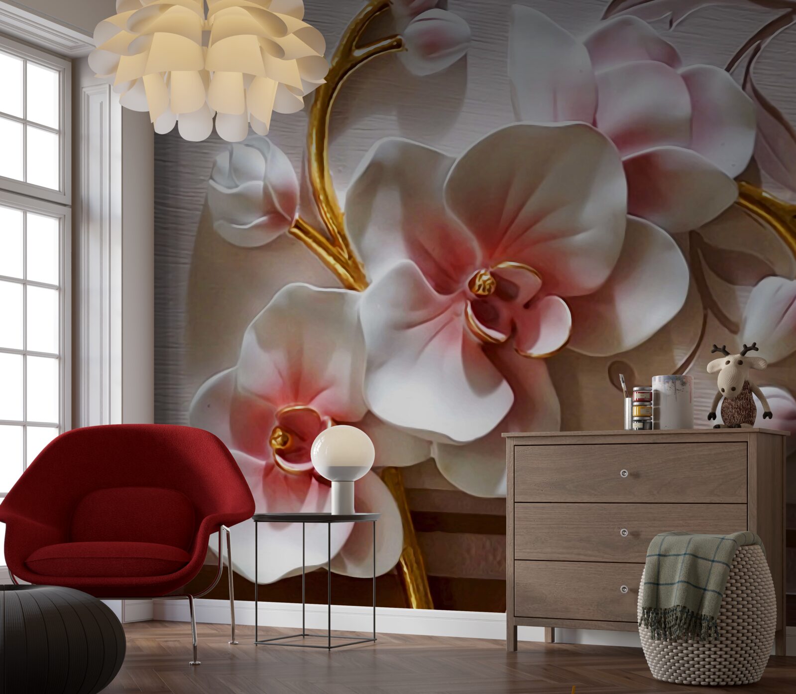 Papier peint orchidées blanches avec motifs mortels texturés
