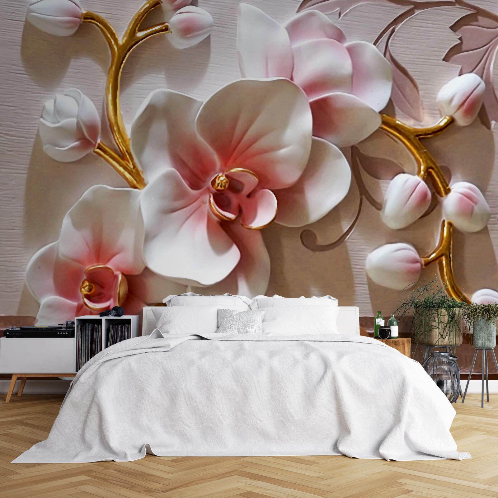 Papier peint orchidées blanches avec motifs mortels texturés