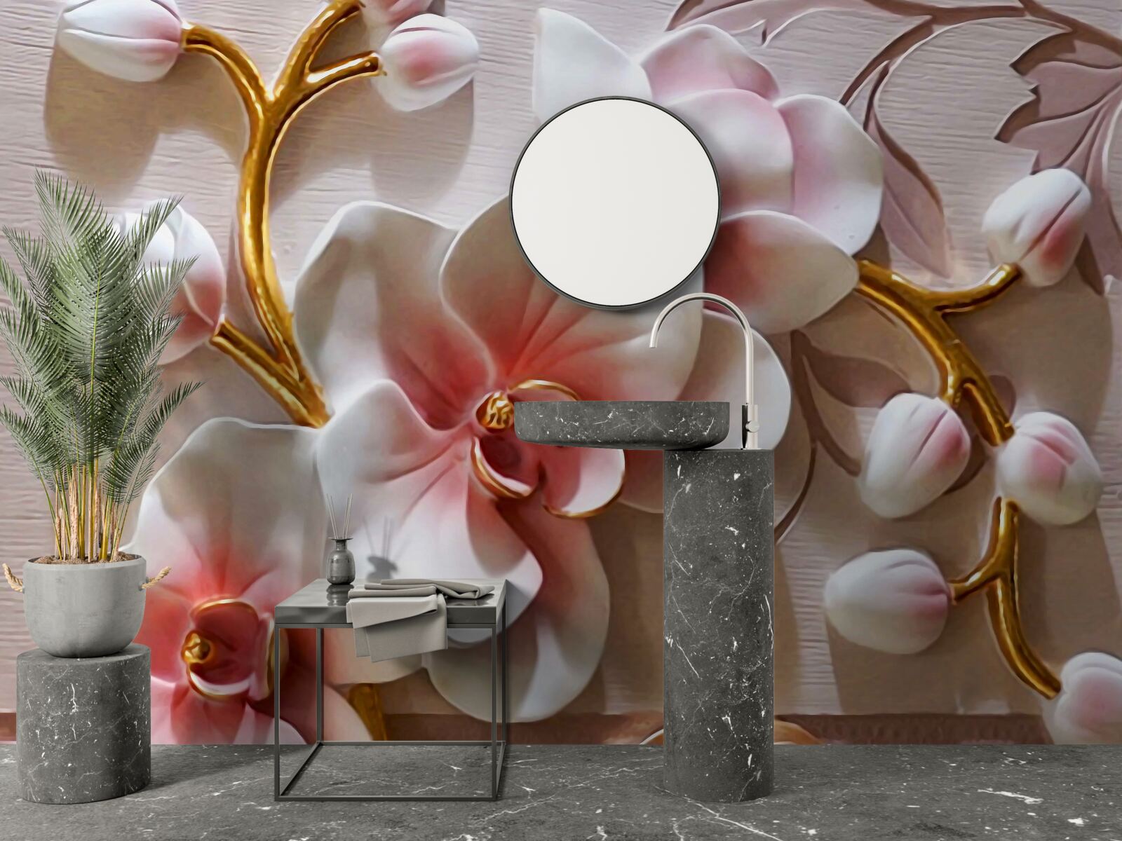 Papier peint orchidées blanches avec motifs mortels texturés