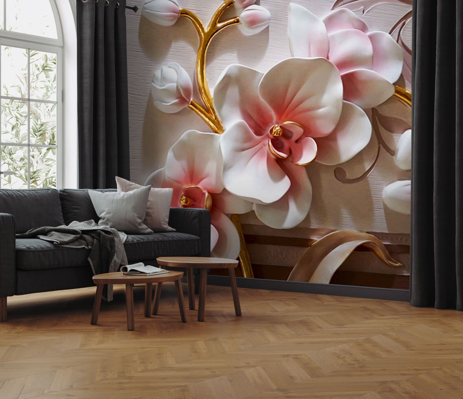 Papier peint orchidées blanches avec motifs mortels texturés