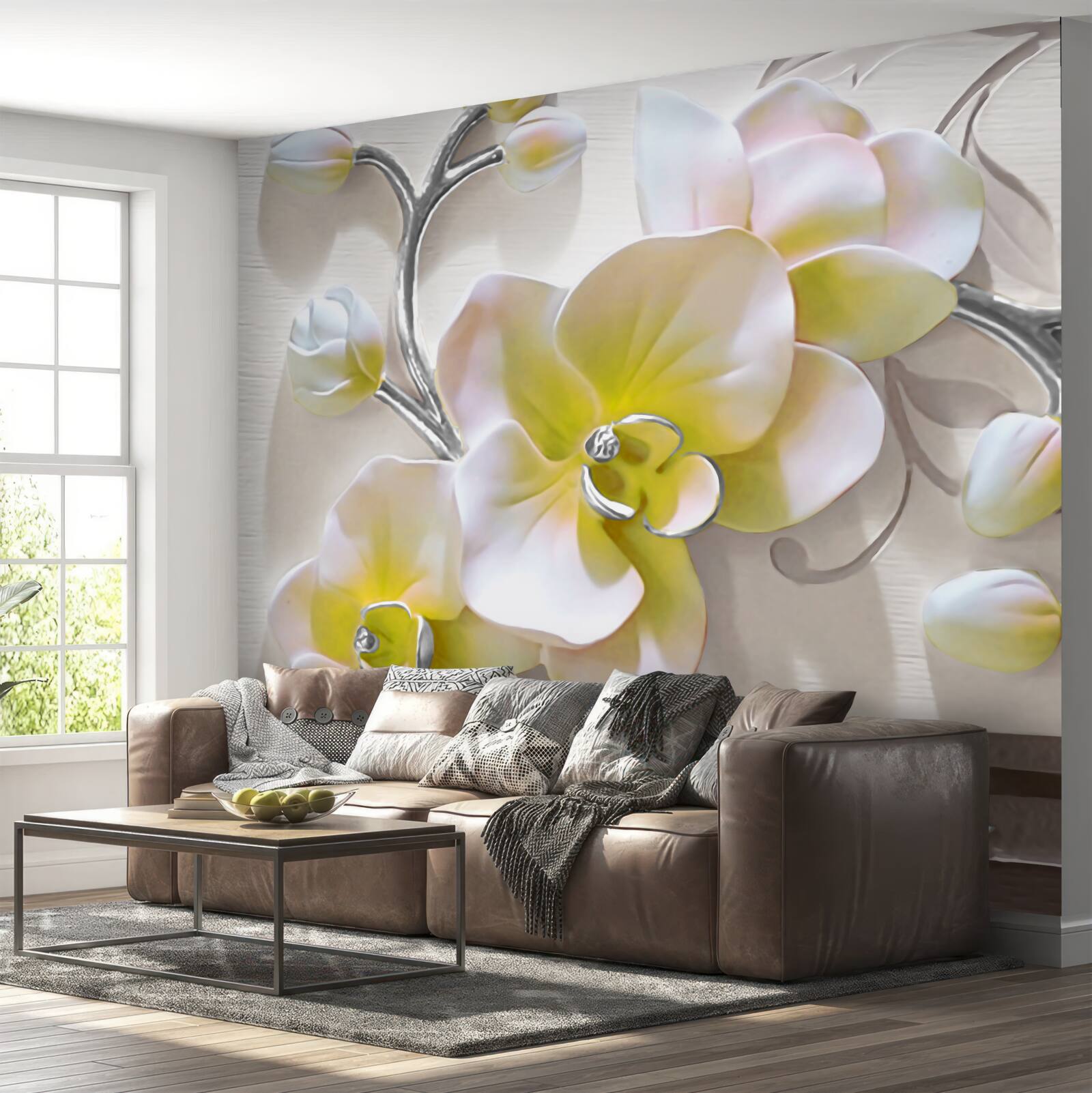 Papier peint orchidée avec une coloration blanche et jaune unique