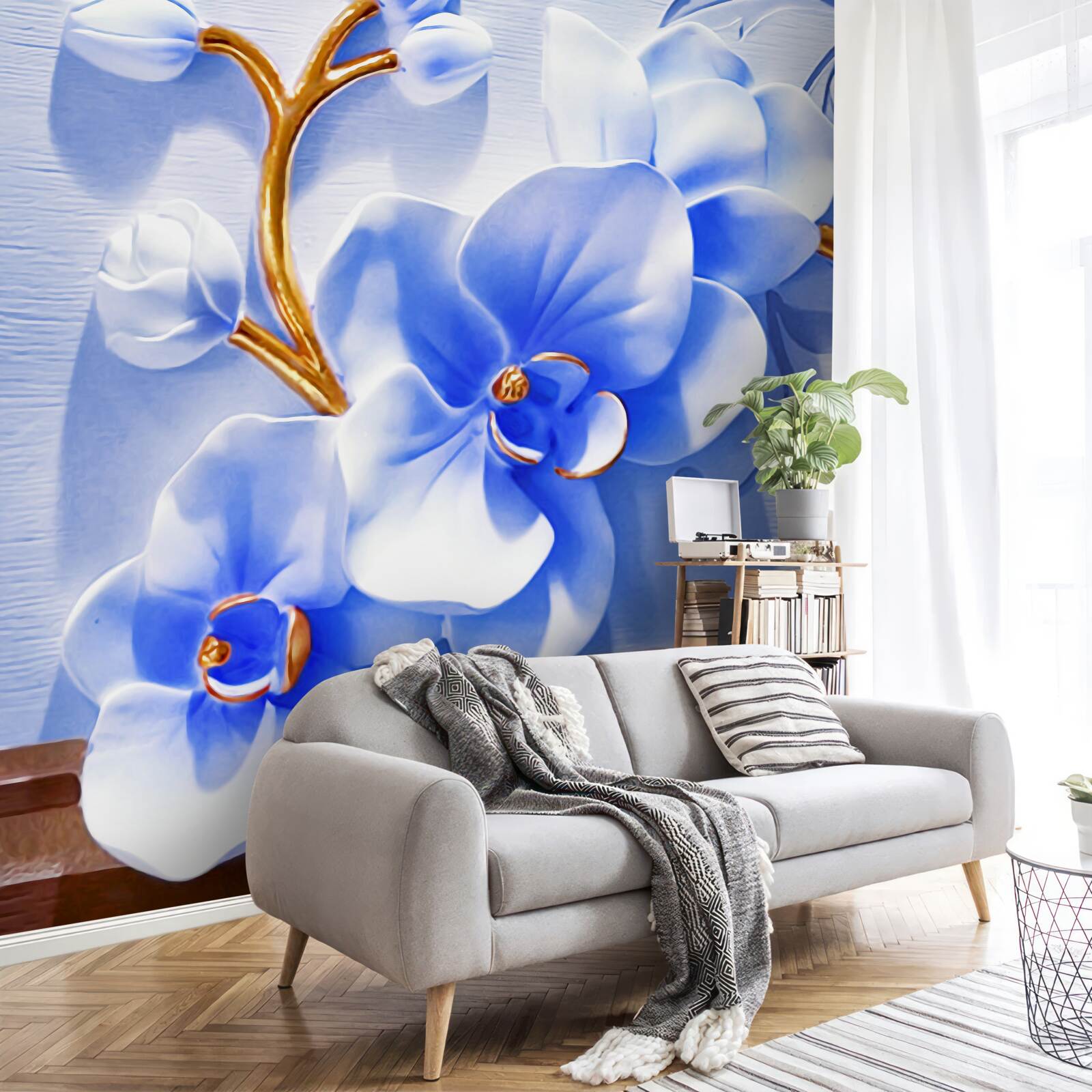 Papier peint orchidée de couleur céleste sur des branches décorées d'or