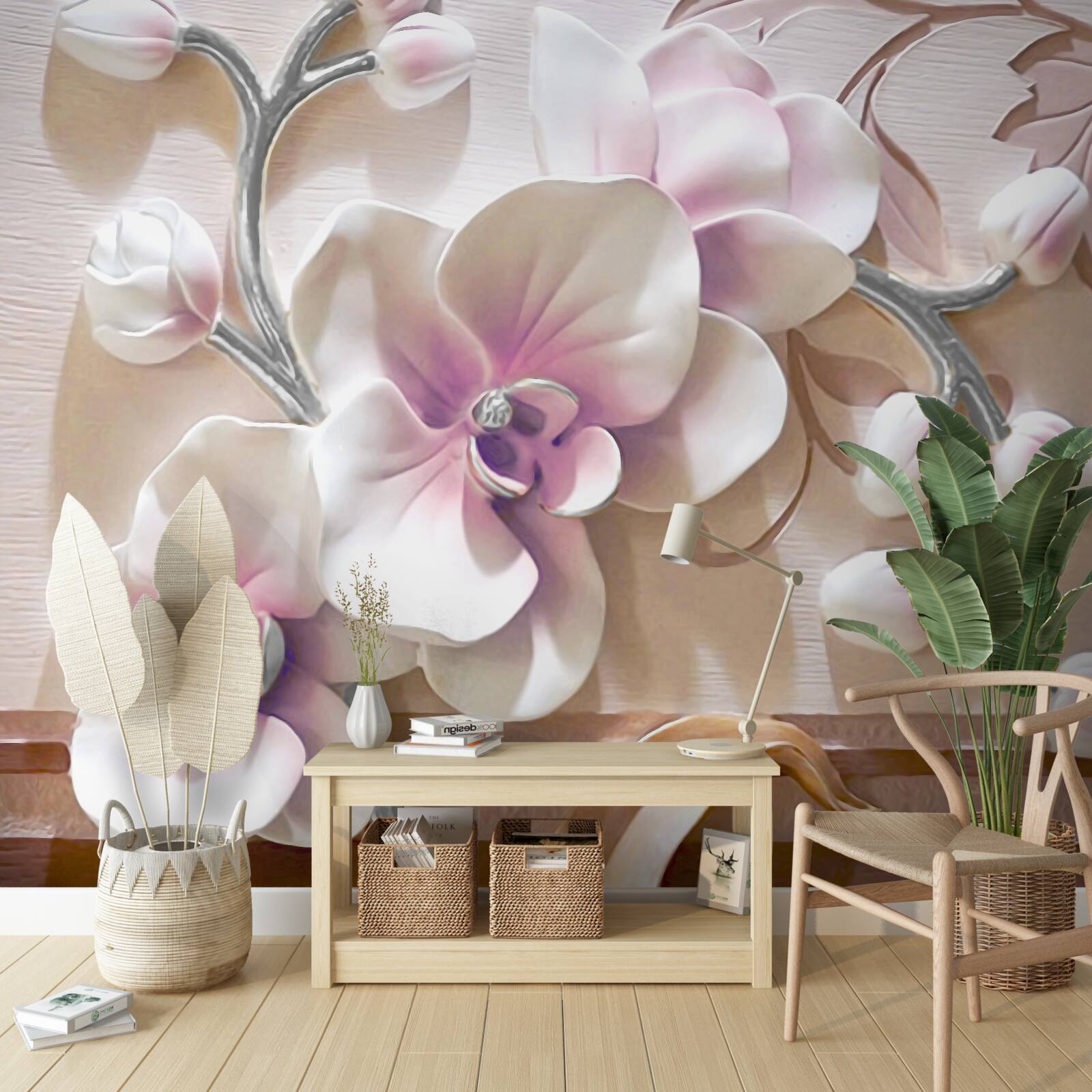 Papier peint orchidée en bourgeons blancs luxuriants