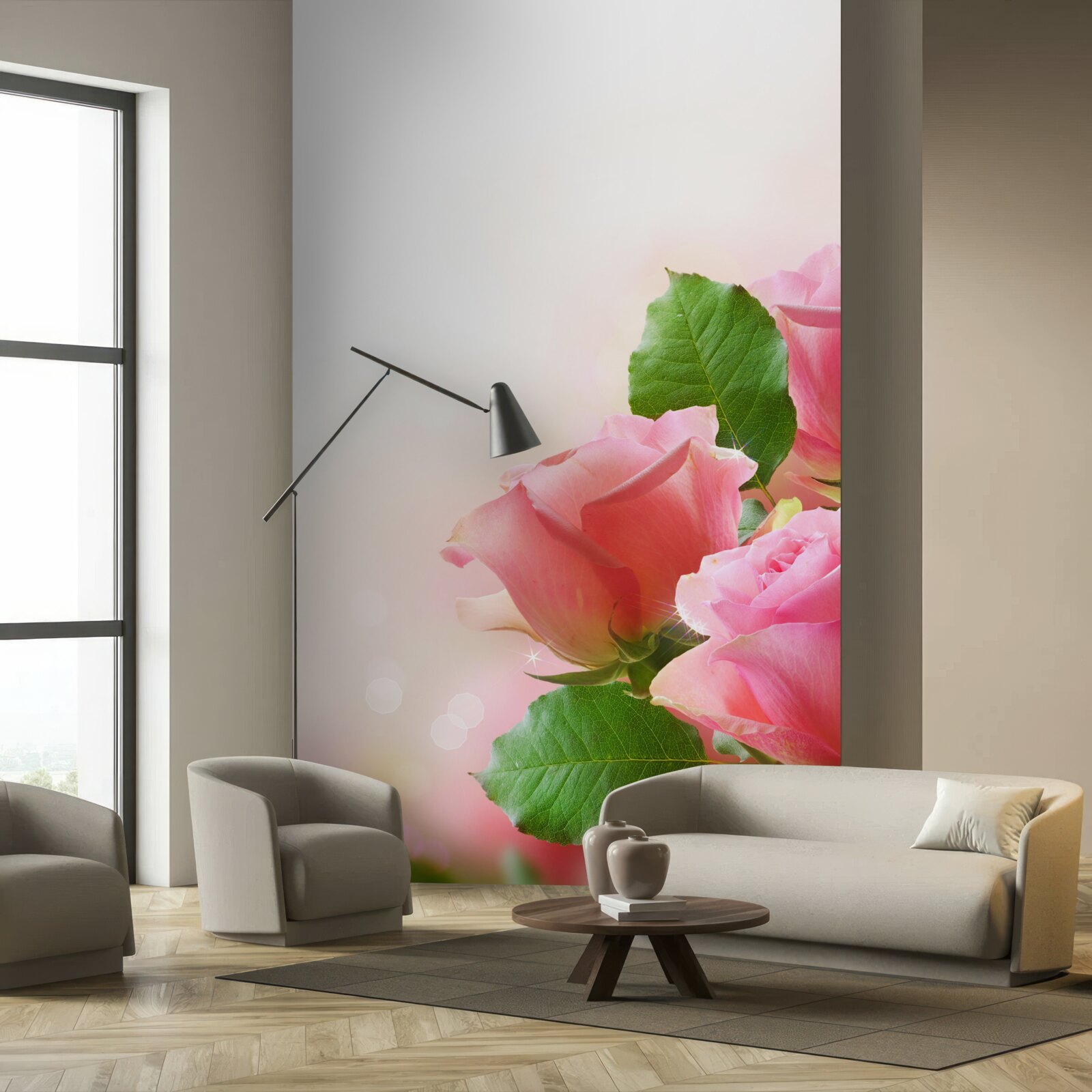 Papier peint roses cramoisies douces avec feuilles vertes