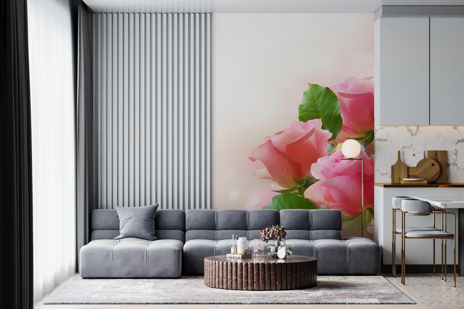 Papier peint roses cramoisies douces avec feuilles vertes