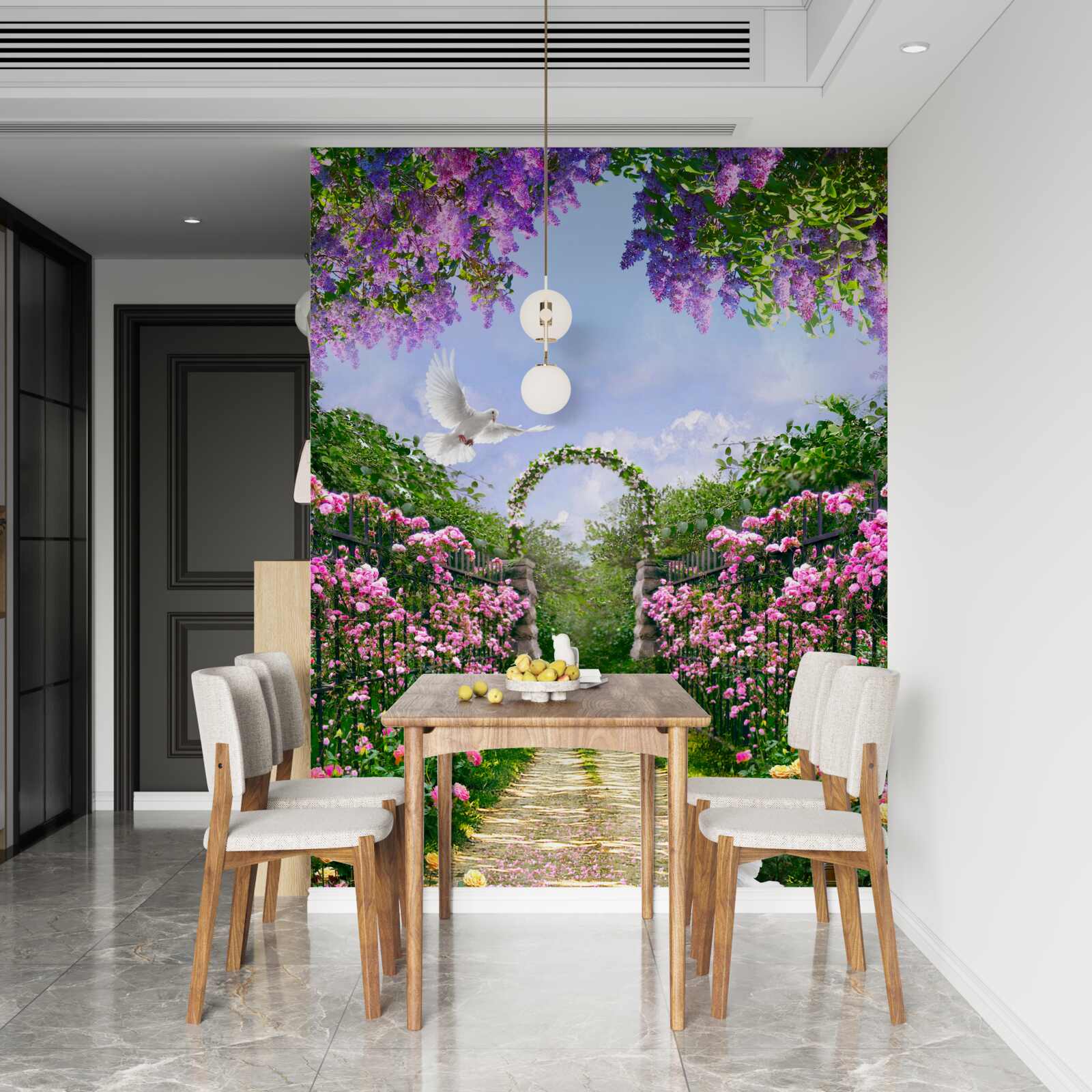 Papier peint un pittoresque tunnel de fleurs qui s'anime en été