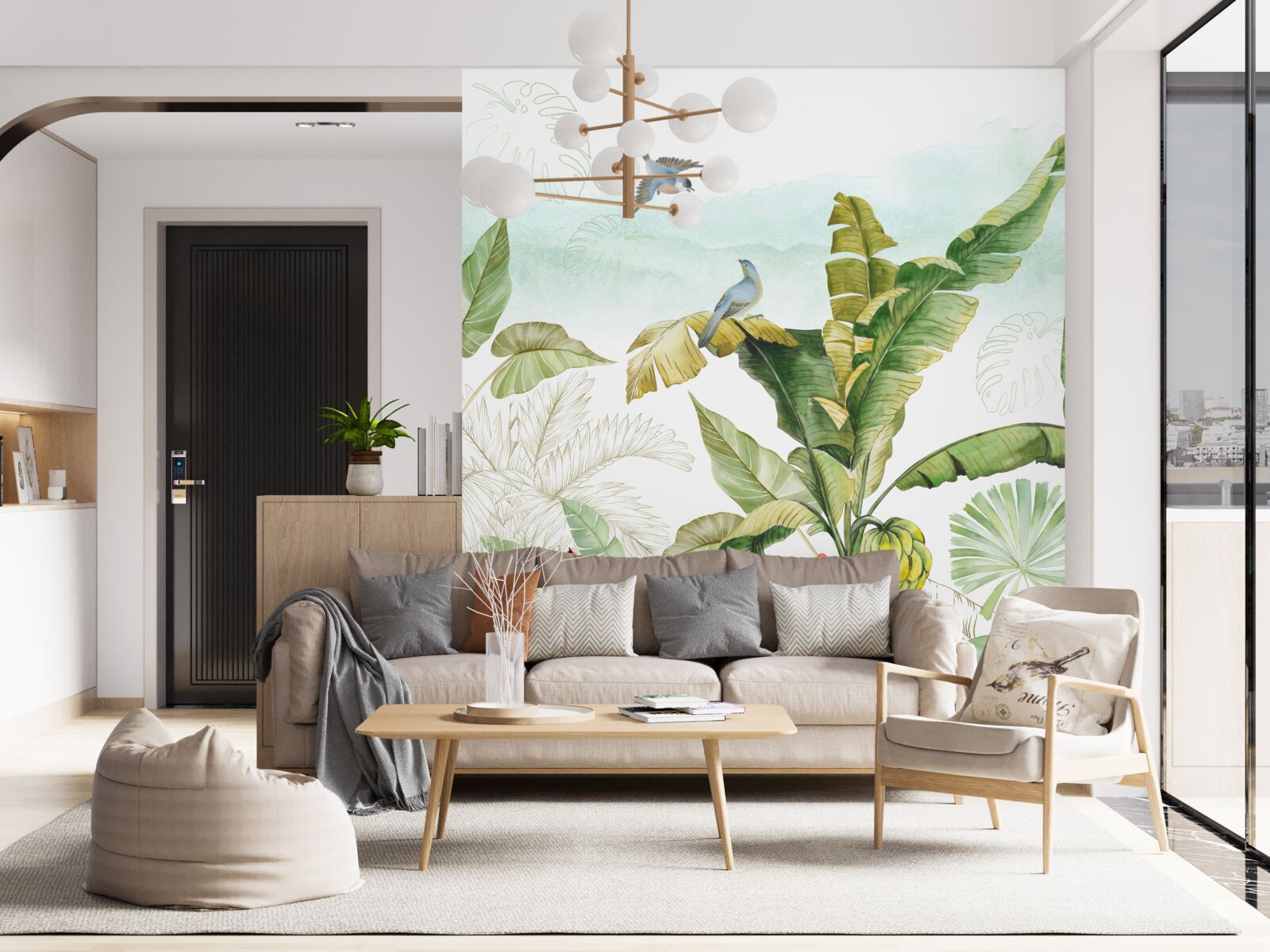 Papier peint les oiseaux aiment se reposer sur les feuilles tropicales